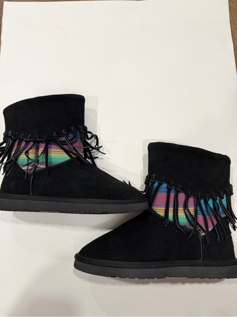 Women’s  Black Fringe Winter Boots with Rainbow Panel